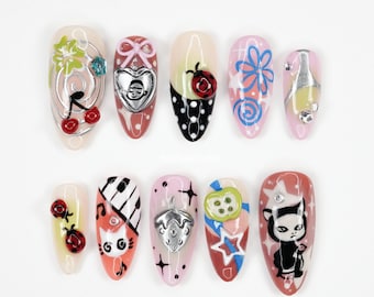 Whimsical Retro Press On Nails, Y2K Nail Art, Cartoon Design Nails, Cute 3D Nails, Funky Nail Set, Kawaii Press Ons B31K6
