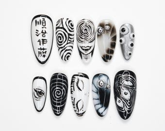 Black White Horror Press On Nails, Uzumaki Spiral Art, Creepy Eye Nails, Gothic Anime Nails, Grunge Aesthetic V01K6