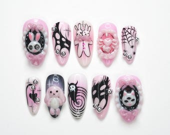 Gothic Kawaii Pink Press On Nails, Cute Goth Nails, 3D Bunny Cat Nails, Spooky Cute Nails, Alt Girl Aesthetic, Harajuku Nails NY1K6