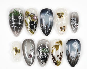 Forest Spirit Art Press On Nails, mystical nail designs, fantasy forest nails, studio g nail art, nature aesthetic nails X51K6