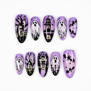 Haunted Ghost Purple Press On Nails, Halloween Nail Art, Spooky Nails, Glow in the Dark Nails, Gothic Horror Nails N31K6