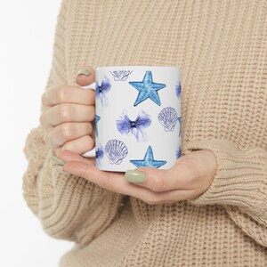 Ocean Inspired Ceramic Mug, Beach Lover Gift, Shell and Starfish Design, Coastal Home Decor, Unique Sea Creature Mug, Nautical Coffee Cup,