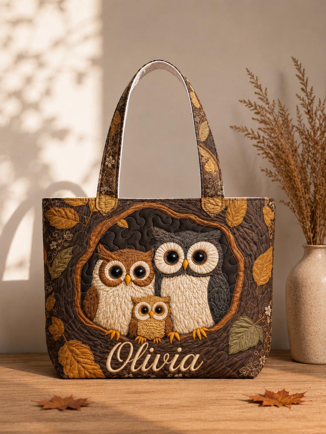 Personalized Owl Quilted Tote Bag, Colorful Owl Quilt Purse, Owl Lover Gift for Women, Nature Animal