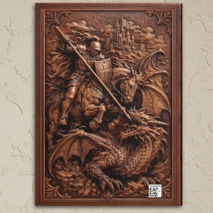 The back cover of a matte laminated journal depicting a knight on horseback jousting a dragon. The artwork includes a castle in the background and is framed in a dark brown border. The knight is armored and holds a lance.