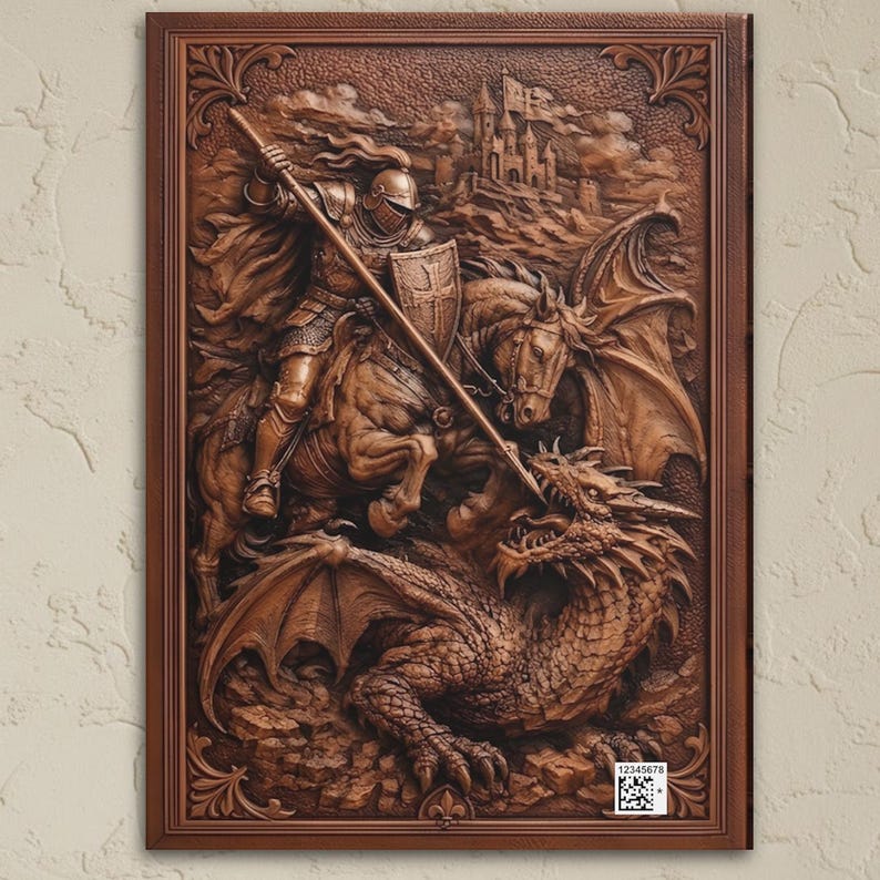 The back cover of a matte laminated journal depicting a knight on horseback jousting a dragon. The artwork includes a castle in the background and is framed in a dark brown border. The knight is armored and holds a lance.