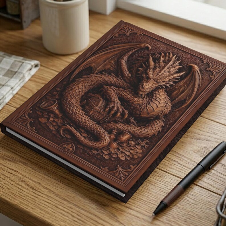 A brown matte laminated journal with a detailed dragon design on the cover. The dragon is curled around a treasure chest, with wings spread. A black and brown pen rests on the wooden surface.