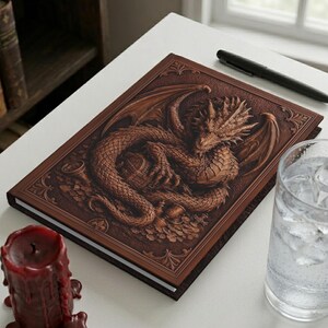 A brown matte laminated journal with a detailed dragon design. The dragon is curled around a treasure chest. The journal is on a white surface with a pen and a glass of water nearby. A red candle is in the foreground.
