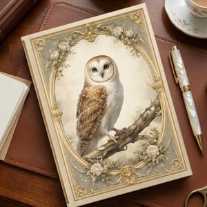 Vintage Barn Owl Hardcover Journal Notebook, Cottagecore Diary, Late Night Writers, Bird Lovers