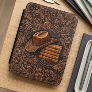 May include: A brown leather tablet case with a Western-style design. The case features a detailed embossed pattern of a cowboy hat, books, and floral elements. The case is designed to protect a tablet.
