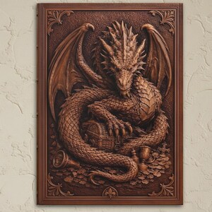 A detailed, brown matte laminated journal with a dragon coiled around a treasure chest, with wings spread. The dragon is surrounded by coins, goblets, and other treasures. The journal is framed in a dark brown wooden frame.