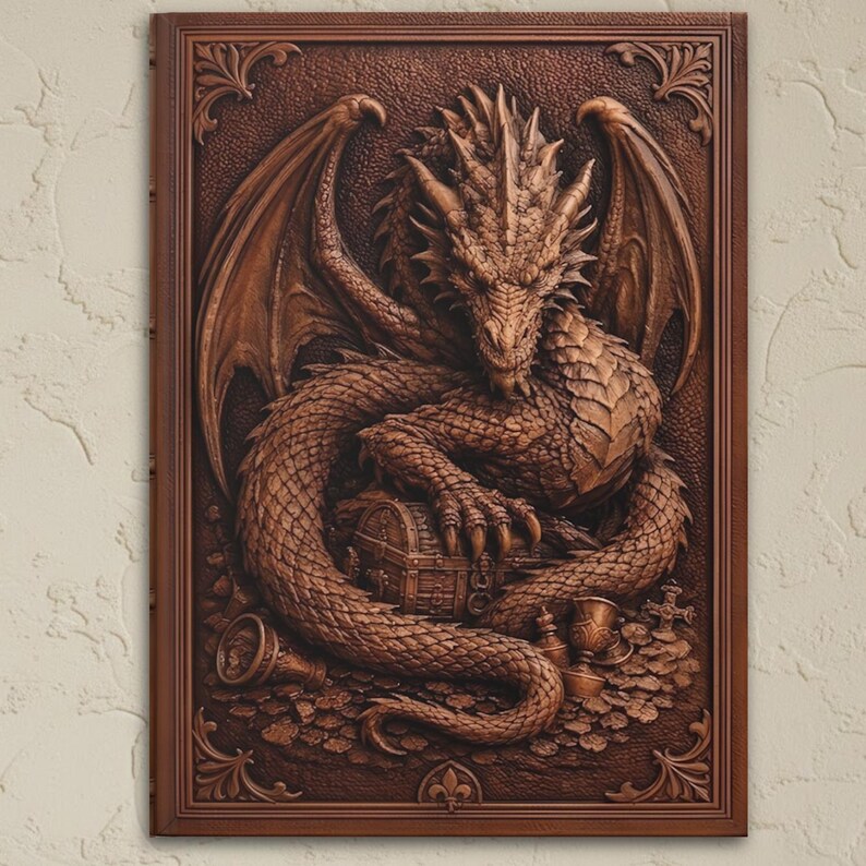 A detailed, brown matte laminated journal with a dragon coiled around a treasure chest, with wings spread. The dragon is surrounded by coins, goblets, and other treasures. The journal is framed in a dark brown wooden frame.
