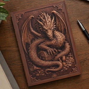 Brown matte laminated journal with a detailed dragon design. The dragon is coiled around a treasure chest, with wings spread and a fierce expression. The cover has an ornate border and is set on a wooden surface.