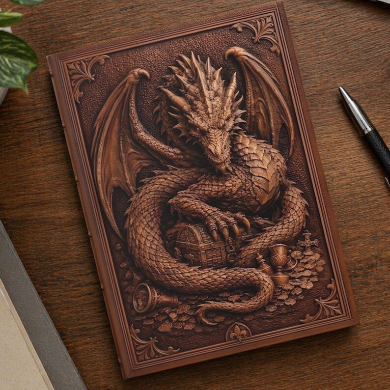 Brown matte laminated journal with a detailed dragon design. The dragon is coiled around a treasure chest, with wings spread and a fierce expression. The cover has an ornate border and is set on a wooden surface.