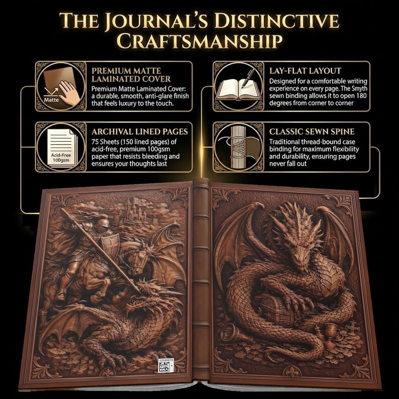 A brown, matte laminated journal with a detailed dragon and knight design. The journal features 150 lined pages, a sewn spine, and is designed for easy lay-flat use. The cover is durable and smooth.
