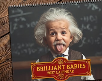 Calendario de pared Brilliant Babies 2027, divertido y adorable, organizador de regalos para fiestas con temática de elefante blanco.