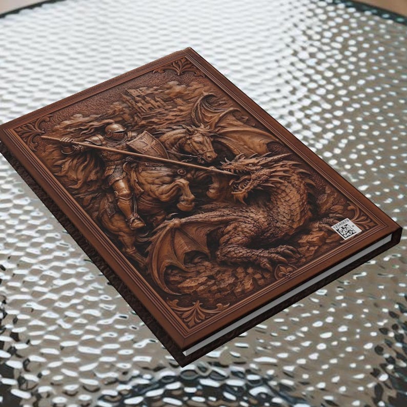 A brown matte laminated journal with a detailed relief carving of a knight on horseback jousting a dragon. The cover features intricate designs and a textured looking surface, creating a fantasy theme.