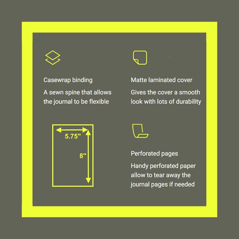 Diagram of a journal with a yellow border, featuring details on casewrap binding, matte laminated cover, and perforated pages. Dimensions are 5.75" x 8". The text describes the journal's flexibility and durability.