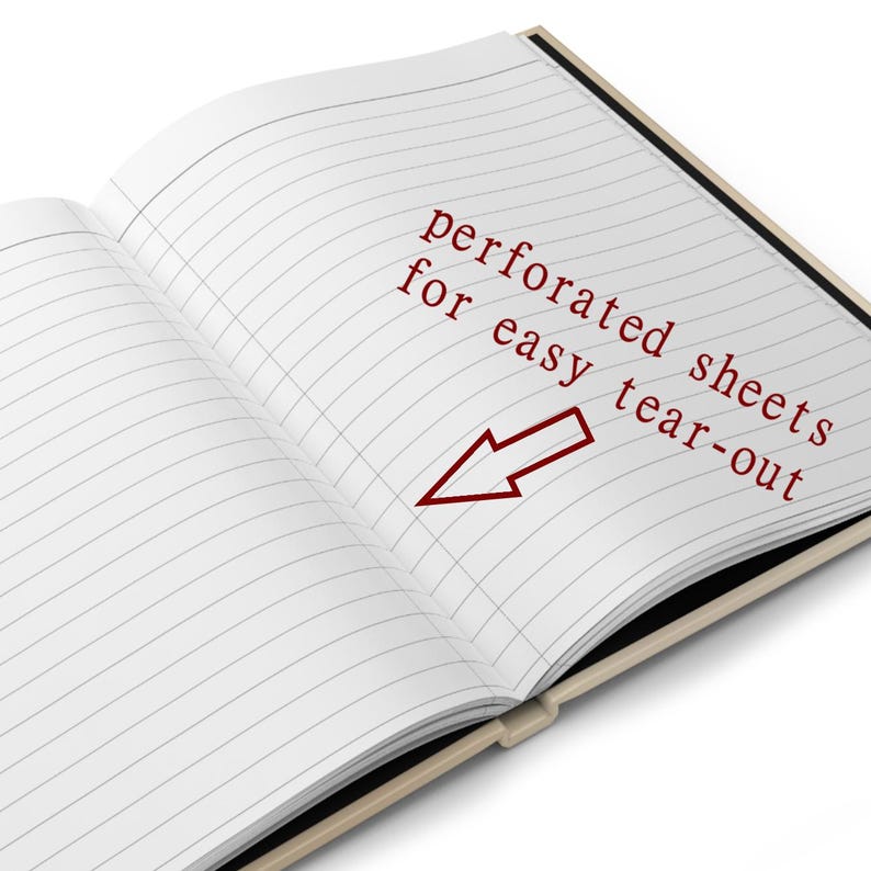 Open hardcover journal with lined pages. The text "perforated sheets for easy tear-out" is printed in red, with a red arrow pointing to the perforated edge. The notebook has a beige cover and black spine.