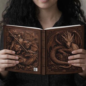A brown, open book with images of dragons. The left side depicts a knight on horseback jousting a dragon, while the right side shows a dragon guarding a treasure chest. The book is held open, showcasing the intricate fantasy artwork.