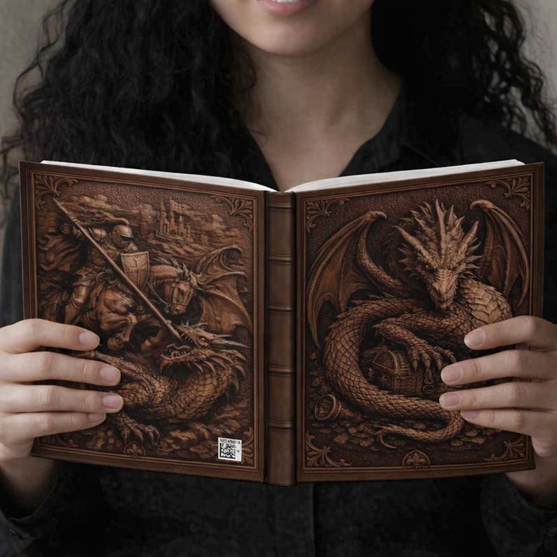 A brown, open book with images of dragons. The left side depicts a knight on horseback jousting a dragon, while the right side shows a dragon guarding a treasure chest. The book is held open, showcasing the intricate fantasy artwork.