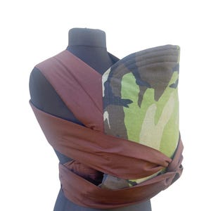 Handmade Mei-Tai Baby Carrier – Camouflage Reversible Sling – Dark Brown Accent – 100% Natural Cotton & Wool – Front or Back Carry