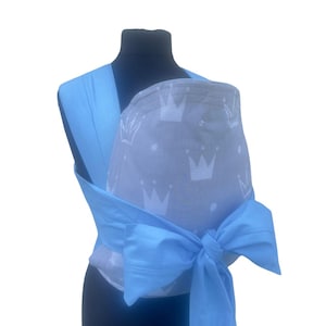 Handmade Mei-Tai Baby Carrier – Sky Blue Reversible Sling – Crown Print on Grey – Natural Cotton & Wool – Front or Back Carry