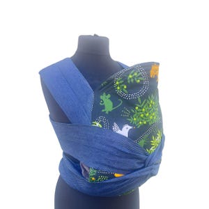 Handmade Mei-Tai Baby Carrier – Forest Creatures Reversible Sling – Dark Blue Denim Accent – Natural Cotton & Wool – Front or Back Carry