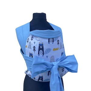 Handmade Mei-Tai Baby Carrier – Woodland Beaver Print Sling – Reversible with Sky Blue Side –  Cotton & Wool – Unique Forest Babywearing