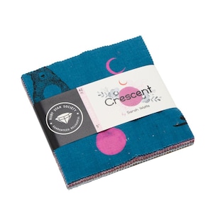 May include: A stack of 42 fabric squares, each 5 inches, in teal with pink and black celestial designs. The fabric bundle is labeled "Crescent" by Sarah Watts and includes a Ruby Star Society sticker.
