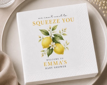 Personalized Lemon Baby Shower Napkins, We Can't Wait to Squeeze You Napkins, Custom Citrus Baby Shower Decor, Cocktail Beverage Napkins
