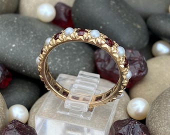 Solid Sterling Silver Natural Ruby & Pearl Half Eternity Band, Anniversary Ring, Pearl Ruby Wedding Band Women Rose Gold Pearl Ring