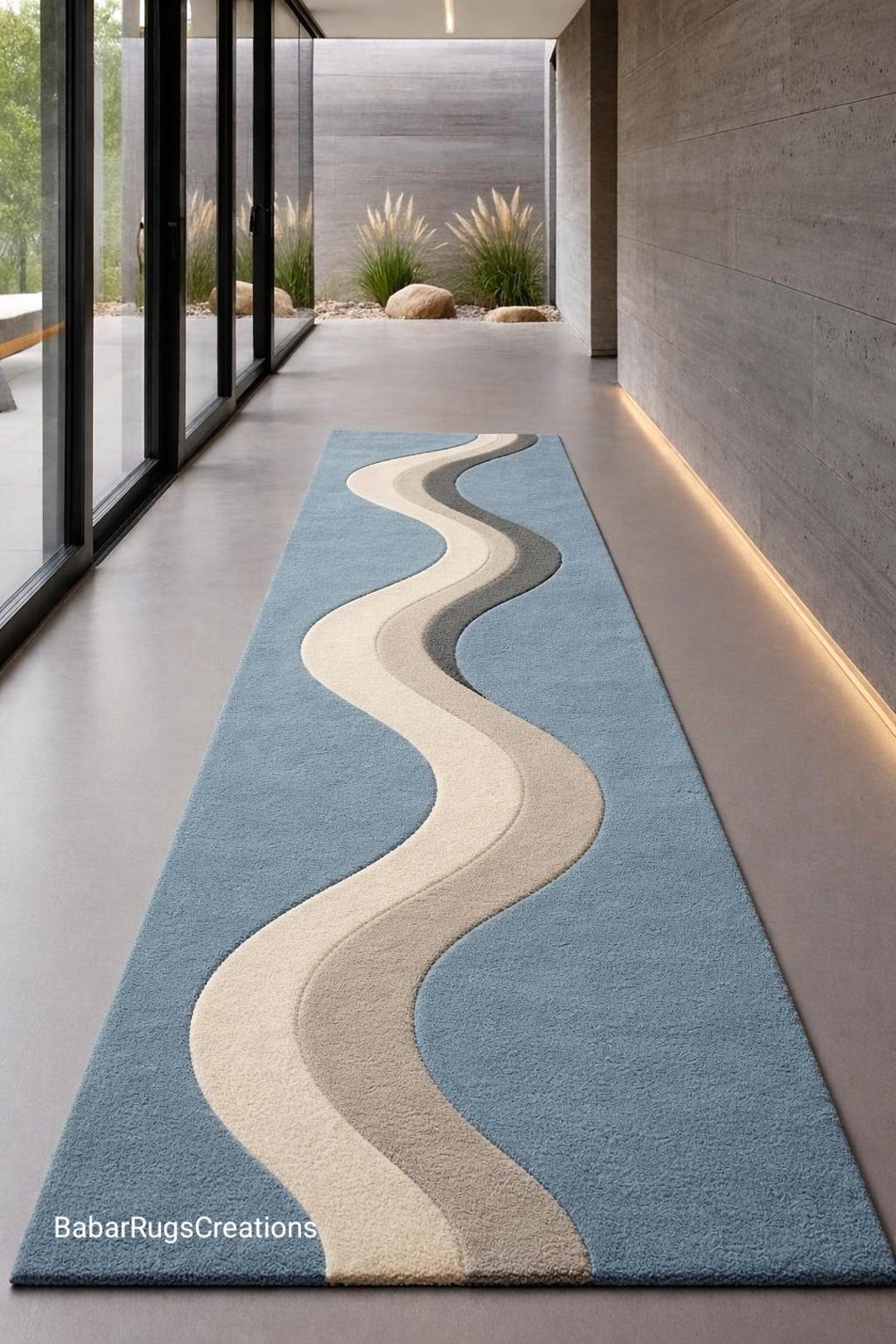 Modern Blue Abstract Rug Handmade Wavy Design Contemporary Soft Tufted ...