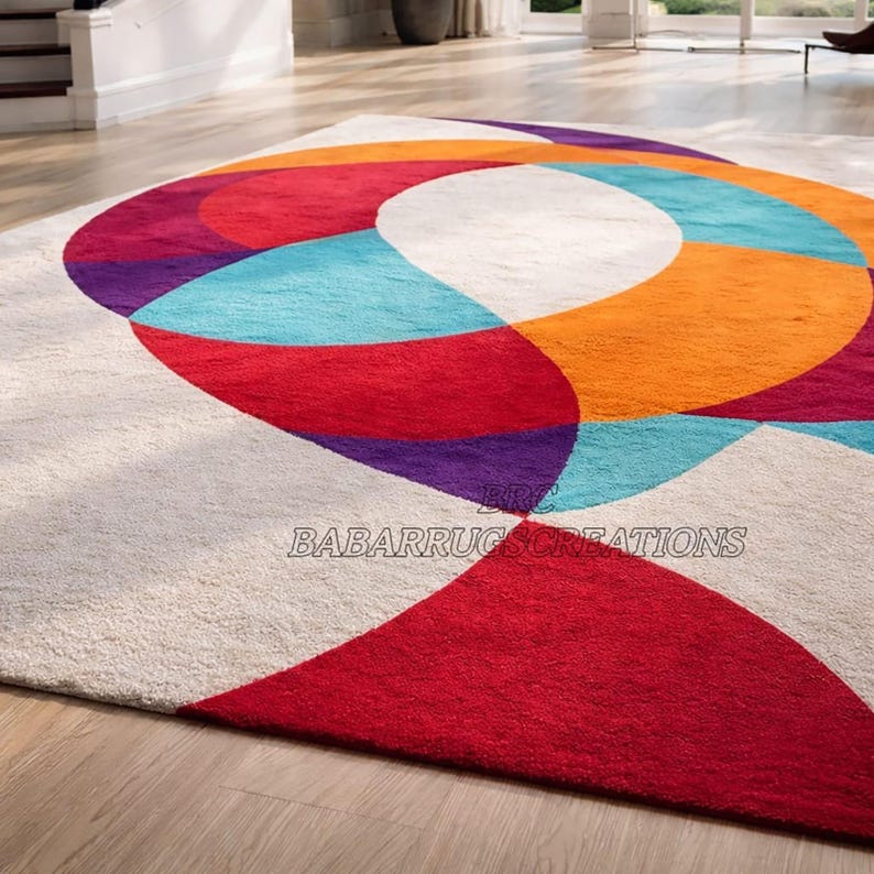 Large Round Area Rug Colorful Modern Abstract Hand Tufted Area Rug Colorful Wool Carpet for Living ...