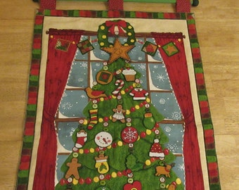 Custom Christmas Advent Calendar #077, w/painted rod, ready to hang - Tall Decorated Tree - OOP, limited qty.