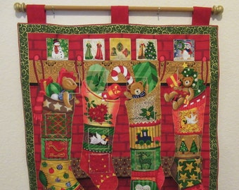 Christmas Advent Calendar #081, w/painted rod, ready to hang - Four Stocking Mantle - OOP, limited qty