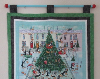 Custom Christmas Advent Calendar #007, w/painted rod, ready to hang - Penguin Town - OOP limited qty