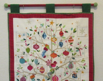 Christmas Advent Calendar #027 w/painted rod, ready to hang - Pear Tree on Off-white - OOP, limited quantity