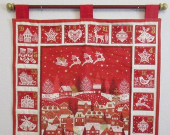 Christmas Advent Calendar #159, w/painted rod, ready to hang - Scandinavian Red Surround