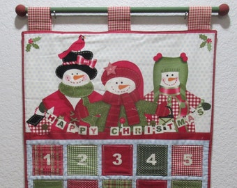 Christmas Advent Calendar #010, w/painted rod, ready to hang - Happy Christmas Snowmen - OOP, last one