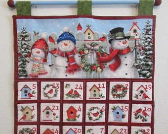 Christmas Advent Calendar #167, w/painted rod, ready to hang - Snowmen and Red Birds