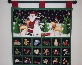 Christmas Advent Calendar #30, w/painted rod, ready to hang - Santa and Friends - OOP limited qty