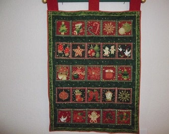 Christmas Advent Calendar #029, w/painted rod, ready to hang - Deep Red, Hunter Green and Gold