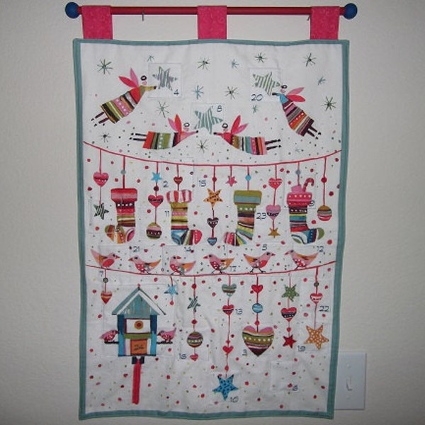 Christmas Advent Calendar #051, w/painted rod, ready to hang - Sophie's Angels and Birds on white