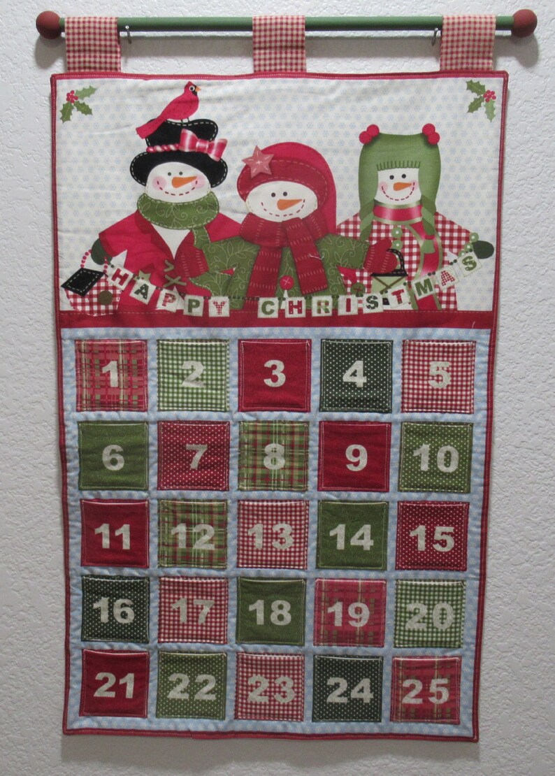 Christmas Advent Calendar 010, w/painted rod, ready to hang Happy Christmas Snowmen OOP, last one image 1