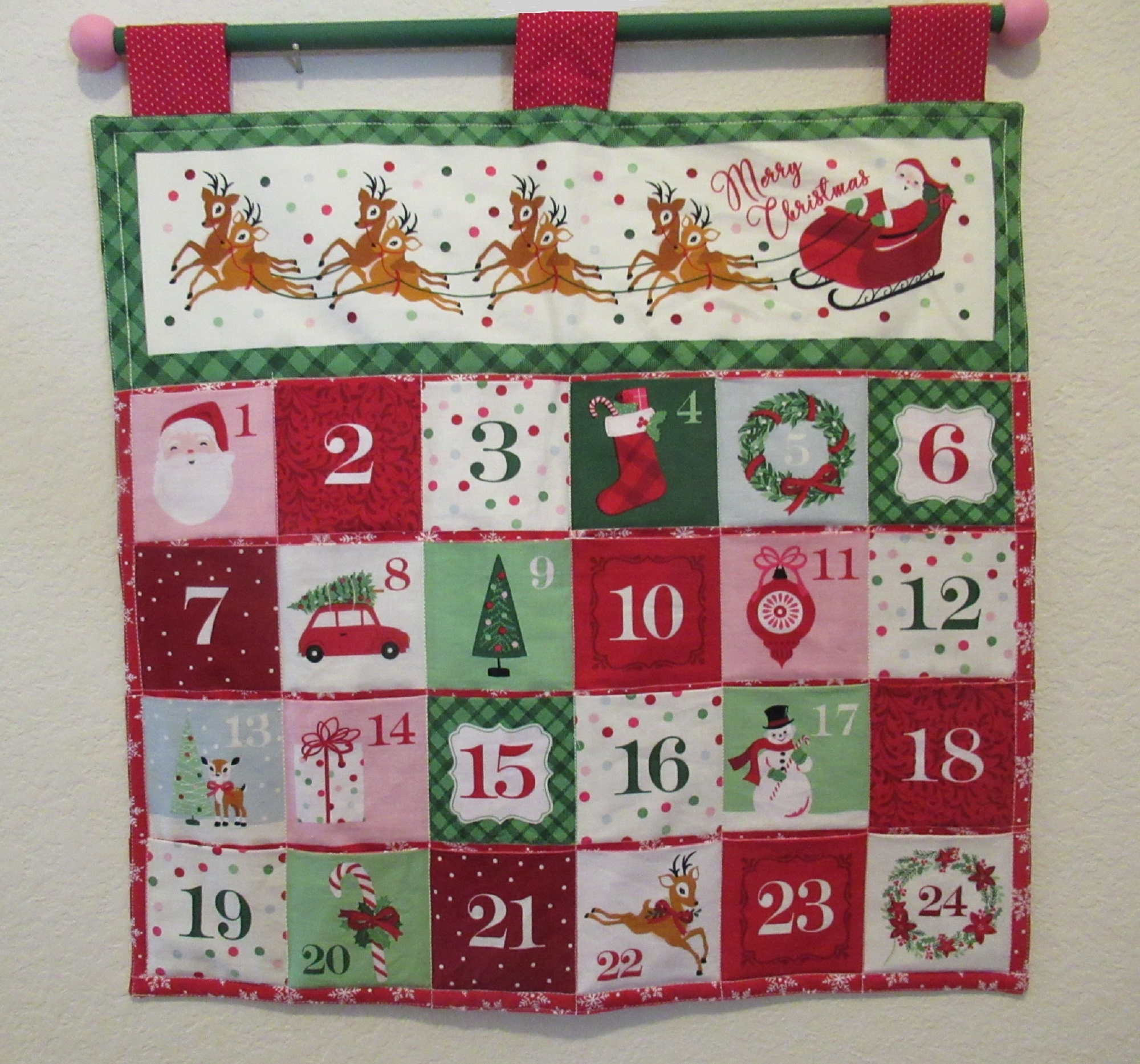 Christmas Advent Calendar #139, w/painted rod, ready to hang - White Snowflakes on Red