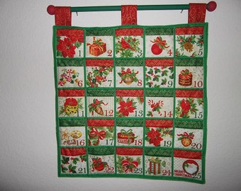 Christmas Advent Calendar #028, w/painted rod, ready to hang - Bright Red, Green and Gold