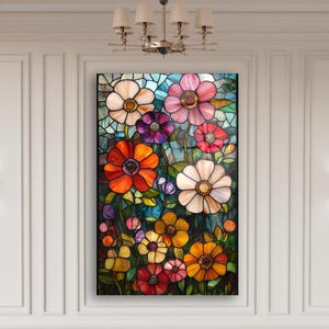 Kleurrijke bloemen muurkunst gebrandschilderd glas – Levendige bloem geslepen glazen paneel voor op de natuur geïnspireerde woninginrichting | Bloeiend interieurkunstwerk