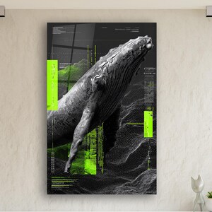 May include: A framed wall art print featuring a grayscale illustration of a whale breaching the water. The artwork incorporates neon green geometric elements and text against a black background, creating a modern aesthetic.