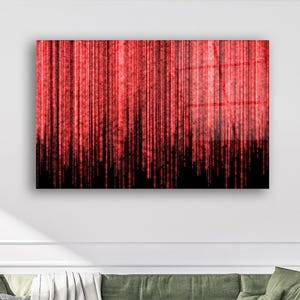 Peut inclure: Tableau abstrait avec un motif vertical rouge et noir. L'œuvre est accrochée sur un mur blanc au-dessus d'un canapé d'angle vert. La pièce comprend également deux petites tables blanches avec des pieds dorés et des luminaires suspendus.