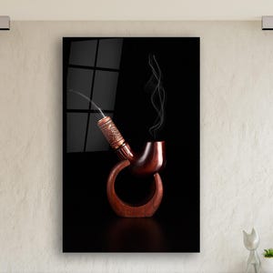 Wooden Pipe with Rising Smoke – Vintage Artwork for Elegant Decor| Rustic Ornate Pipe Wall Art on Tempered Glass for Smokers